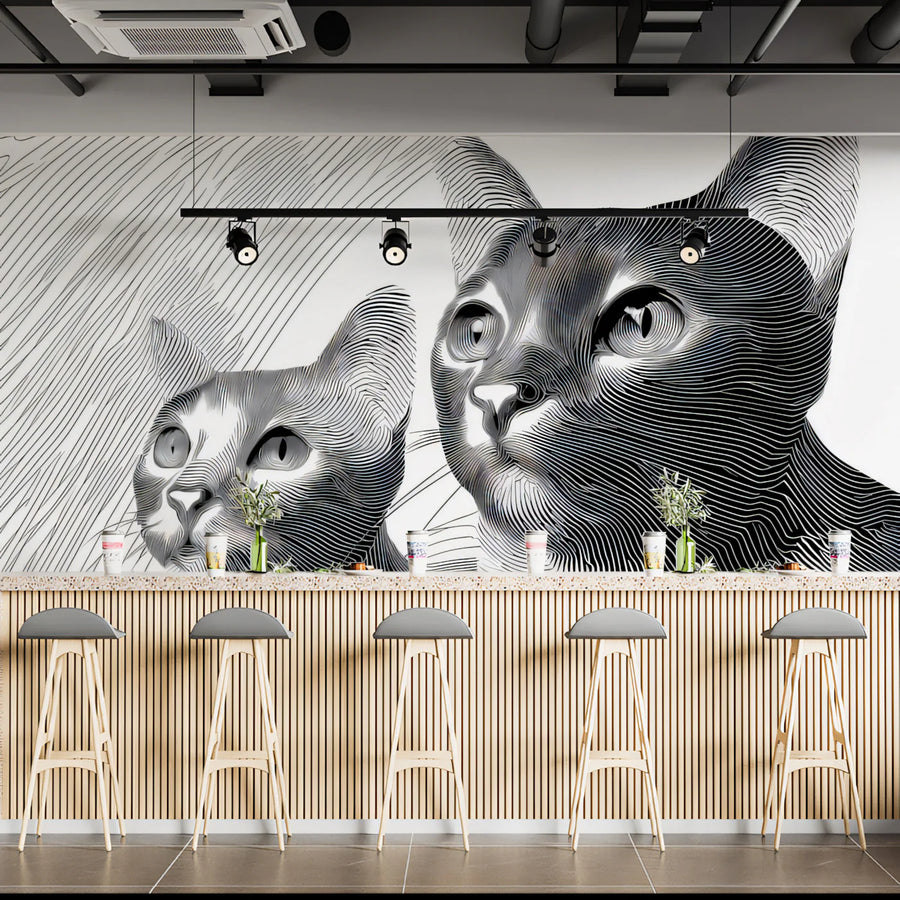 Cat Duo Line Art Mural Wallpaper — Monochrome Engraving Style Mural Wallpaper