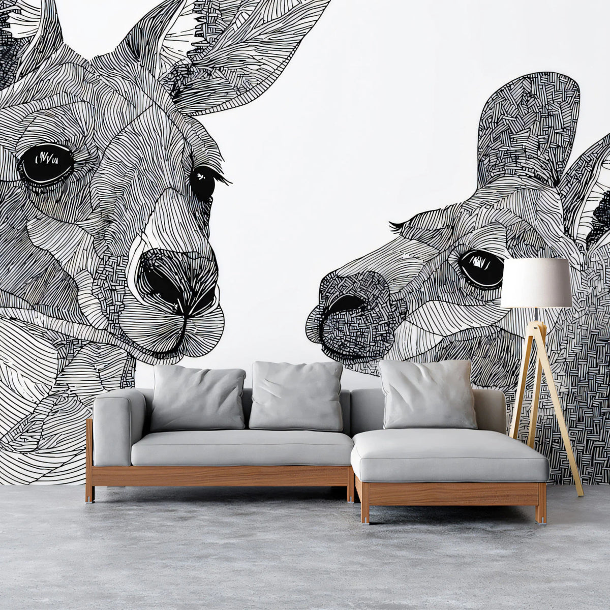 Kangaroo Line Art Mural Wallpaper — Monochromatic Graphic Motif Mural Wallpaper - pure wallpaper artwork
