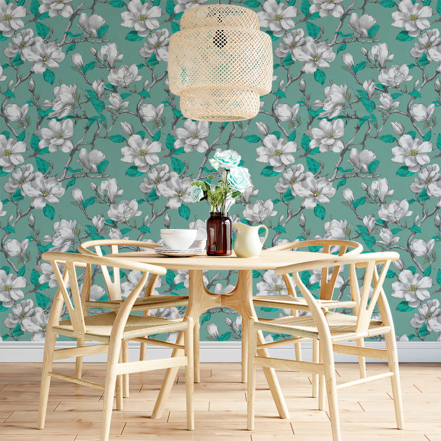 White Magnolia Floral Mural Wallpaper — Teal Botanical Print Mural Wallpaper