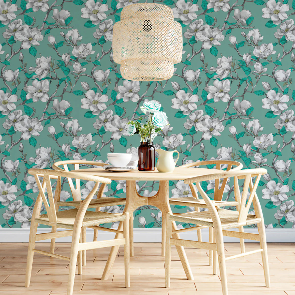 White Magnolia Floral Mural Wallpaper — Teal Botanical Print Mural Wallpaper - pure wallpaper artwork