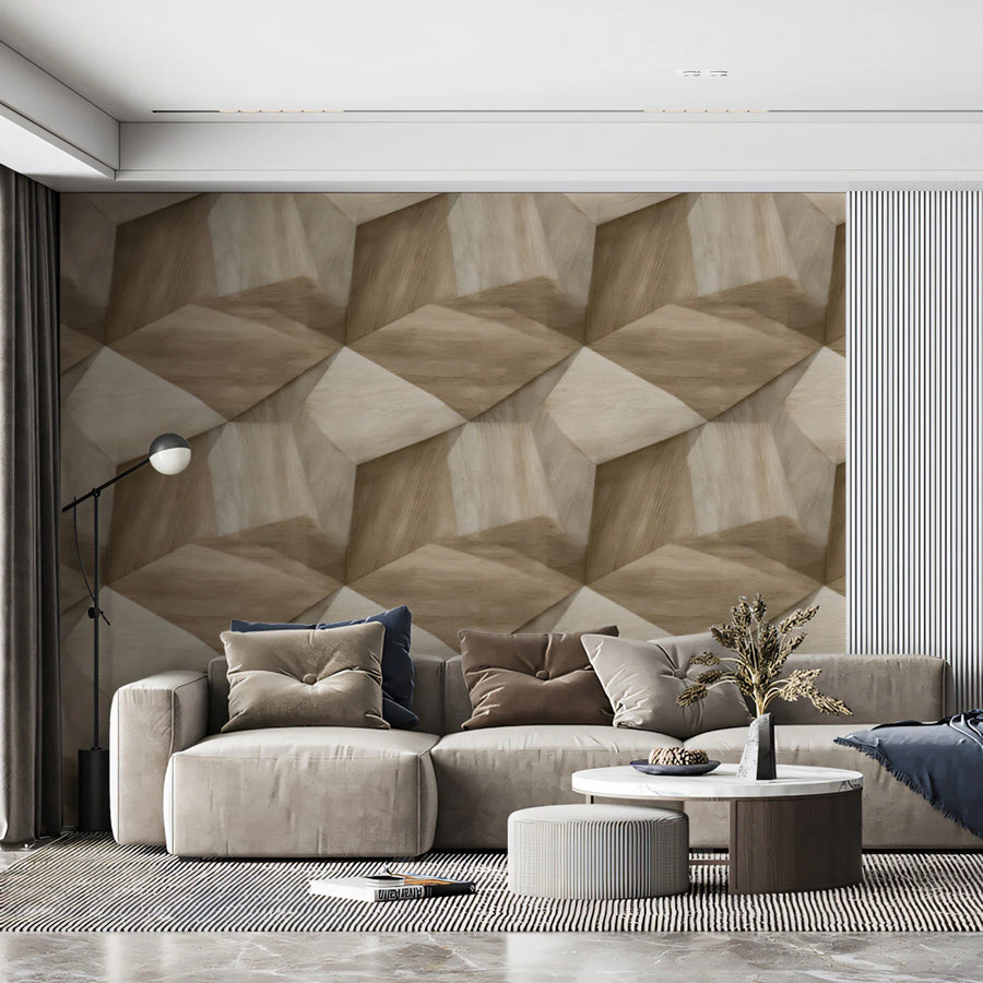 Interlocking Wood Cube Mural Wallpaper — Modern Geometric Decor Mural Wallpaper