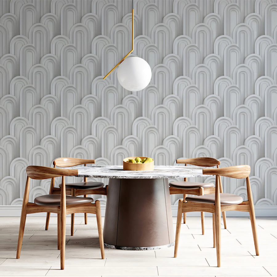 Art Deco Arch Relief Mural Wallpaper — Clean White 3D Texture Mural Wallpaper