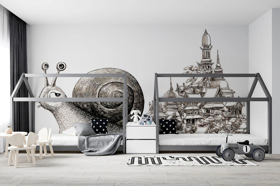 Snail and Temple City Sketch Mural Wallpaper —Whimsical Line Art Mural Wallpaper
