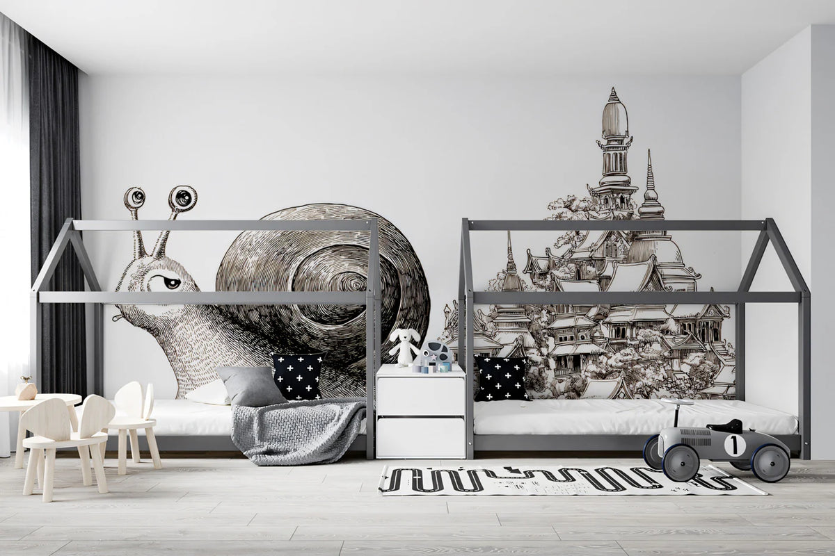 Snail and Temple City Sketch Mural Wallpaper —Whimsical Line Art Mural Wallpaper - pure wallpaper artwork