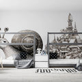 Snail and Temple City Sketch Mural Wallpaper —Whimsical Line Art Mural Wallpaper - pure wallpaper artwork