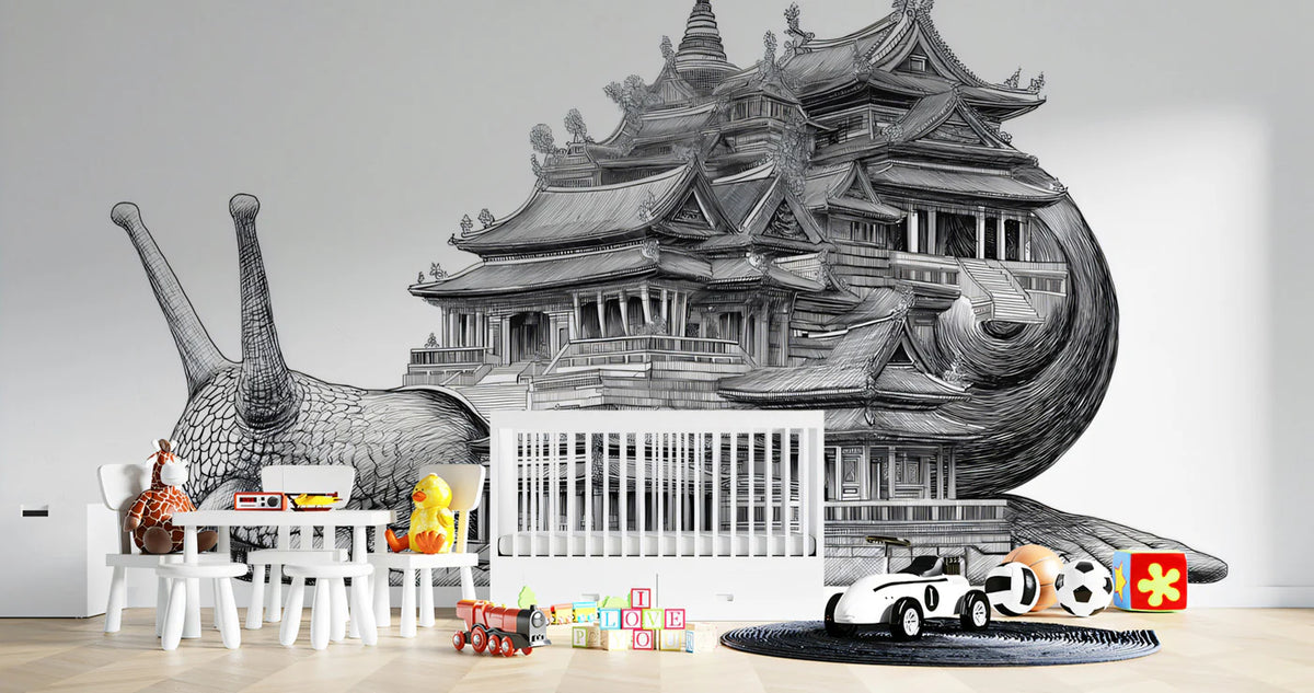 Snail Pagoda Fantasy Mural Wallpaper — Intricate Ink Sketch Mural Wallpaper - pure wallpaper artwork