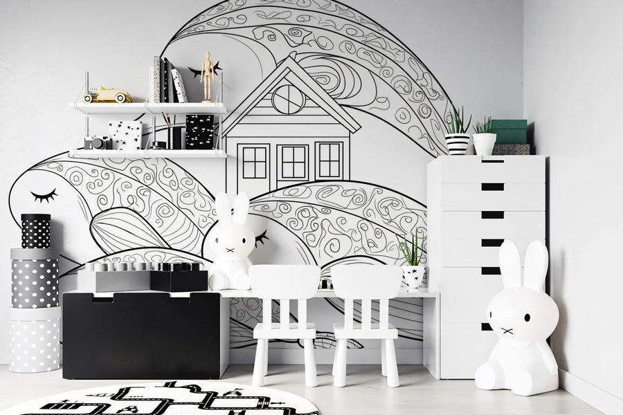 Whimsical Whale and Cottage Mural Wallpaper — Hand-Drawn Line Art Mural Wallpaper