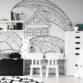 Whimsical Whale and Cottage Mural Wallpaper — Hand-Drawn Line Art Mural Wallpaper - pure wallpaper artwork