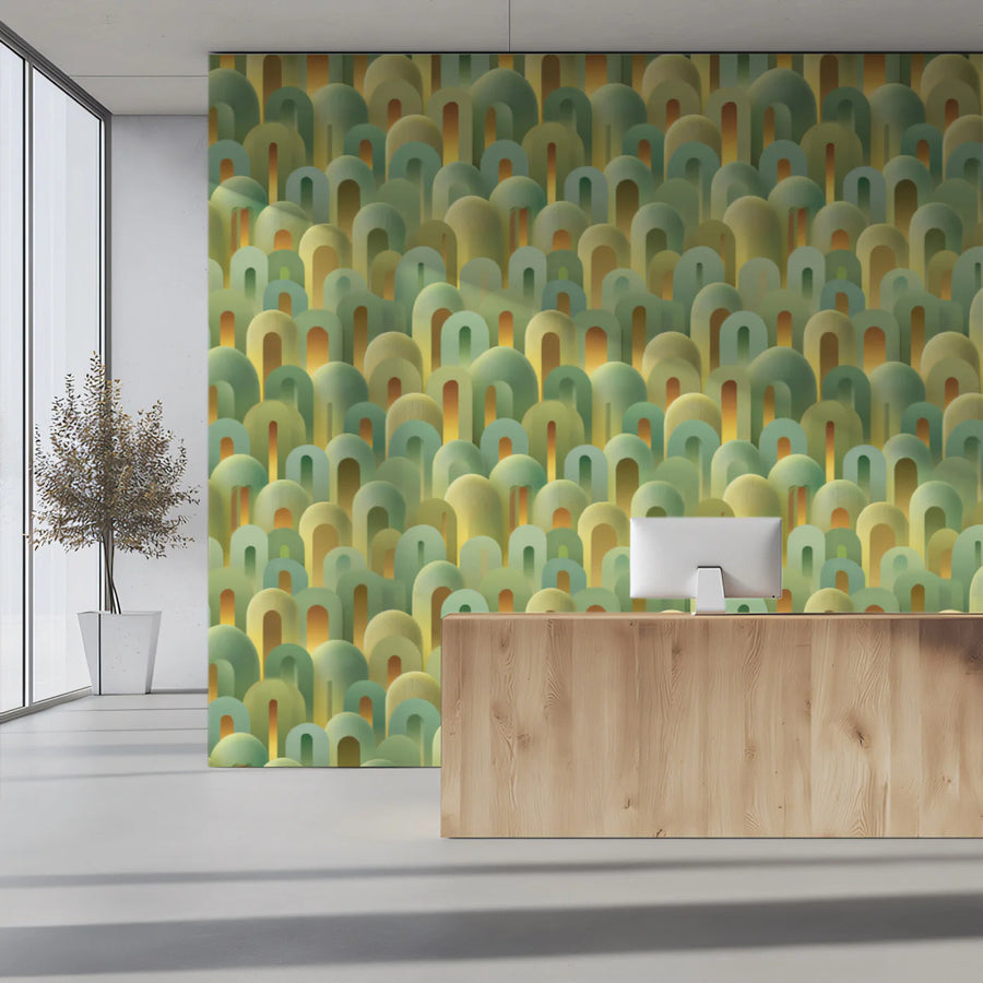 Abstract Arched Dome Mural Wallpaper — Soft Sage and Gold Tones Mural Wallpaper