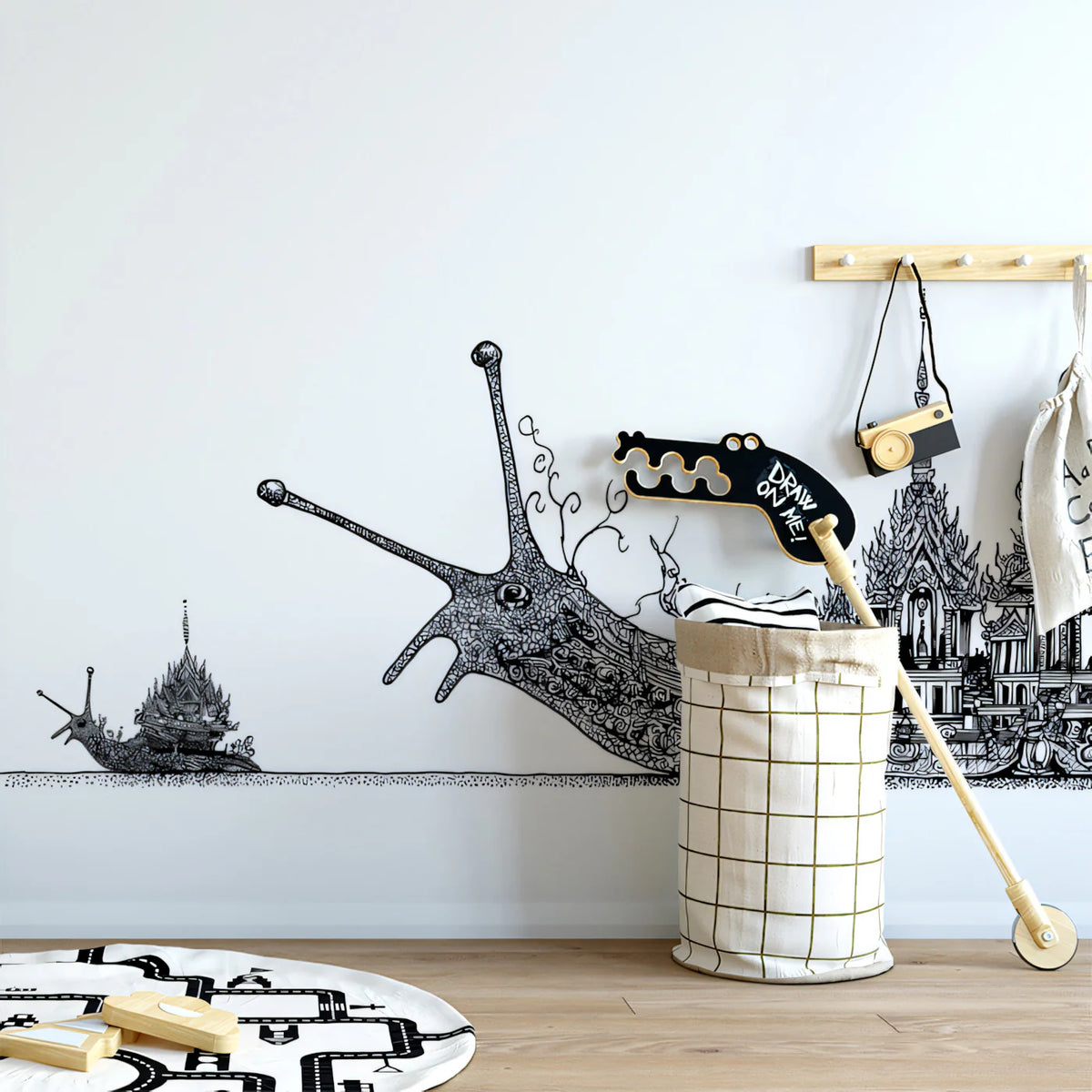 Snail Temple Procession Mural Wallpaper — Surreal Ink Illustration Mural Wallpaper - pure wallpaper artwork