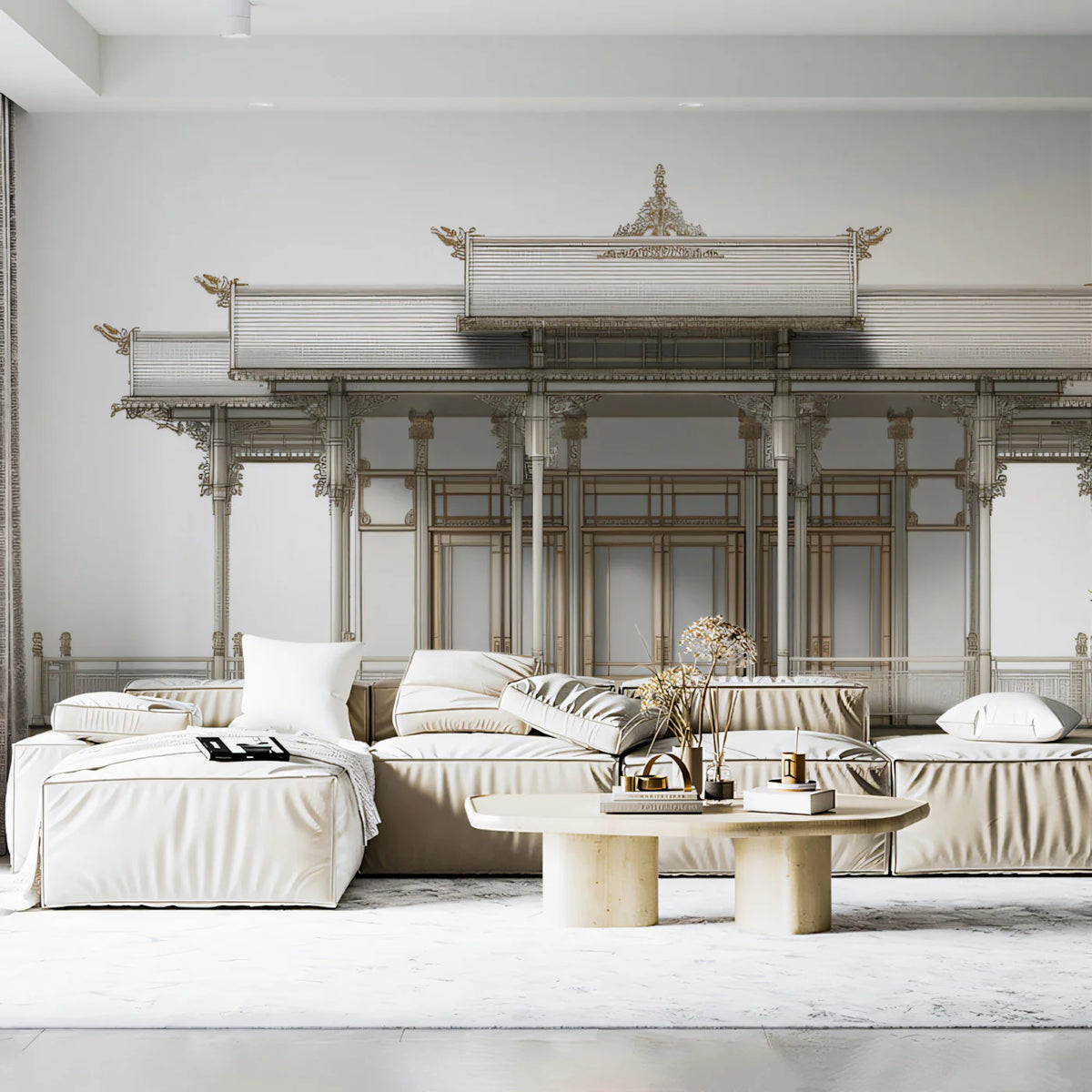 Thai Sala Pavilion Architectural Mural Wallpaper in White and Gold Mural Wallpaper - pure wallpaper artwork