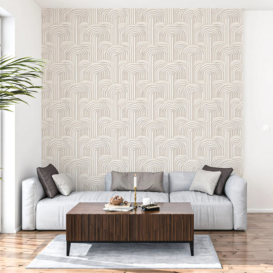 Art Deco Fan Arch Mural Wallpaper in Warm Pale Neutral Mural Wallpaper