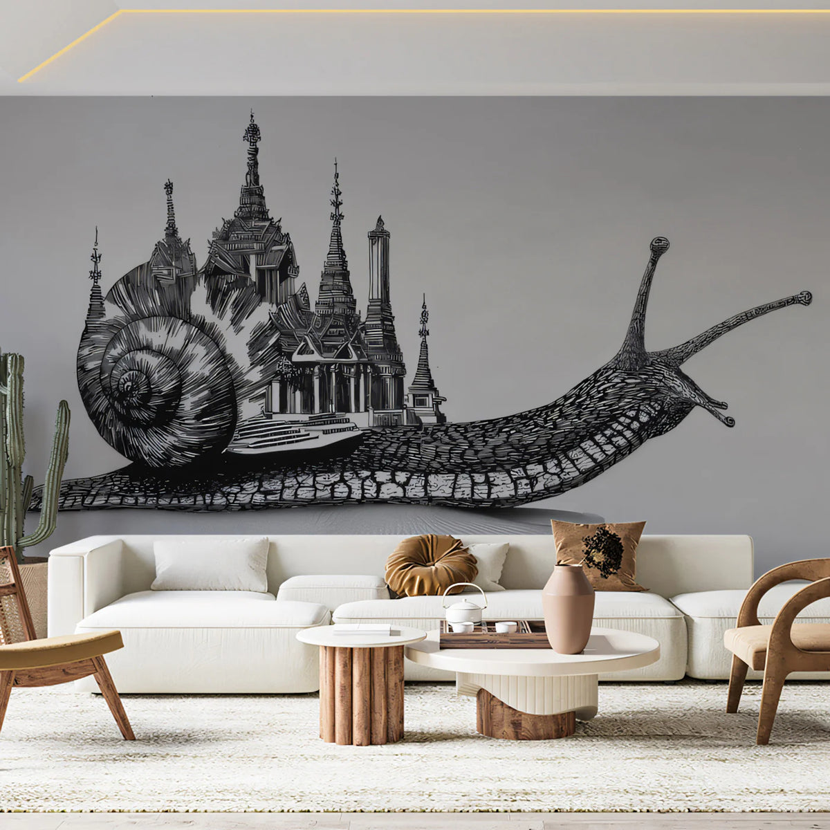 Surreal Snail and Pagoda City Mural Wallpaper — Artistic Sketch Mural Wallpaper - pure wallpaper artwork