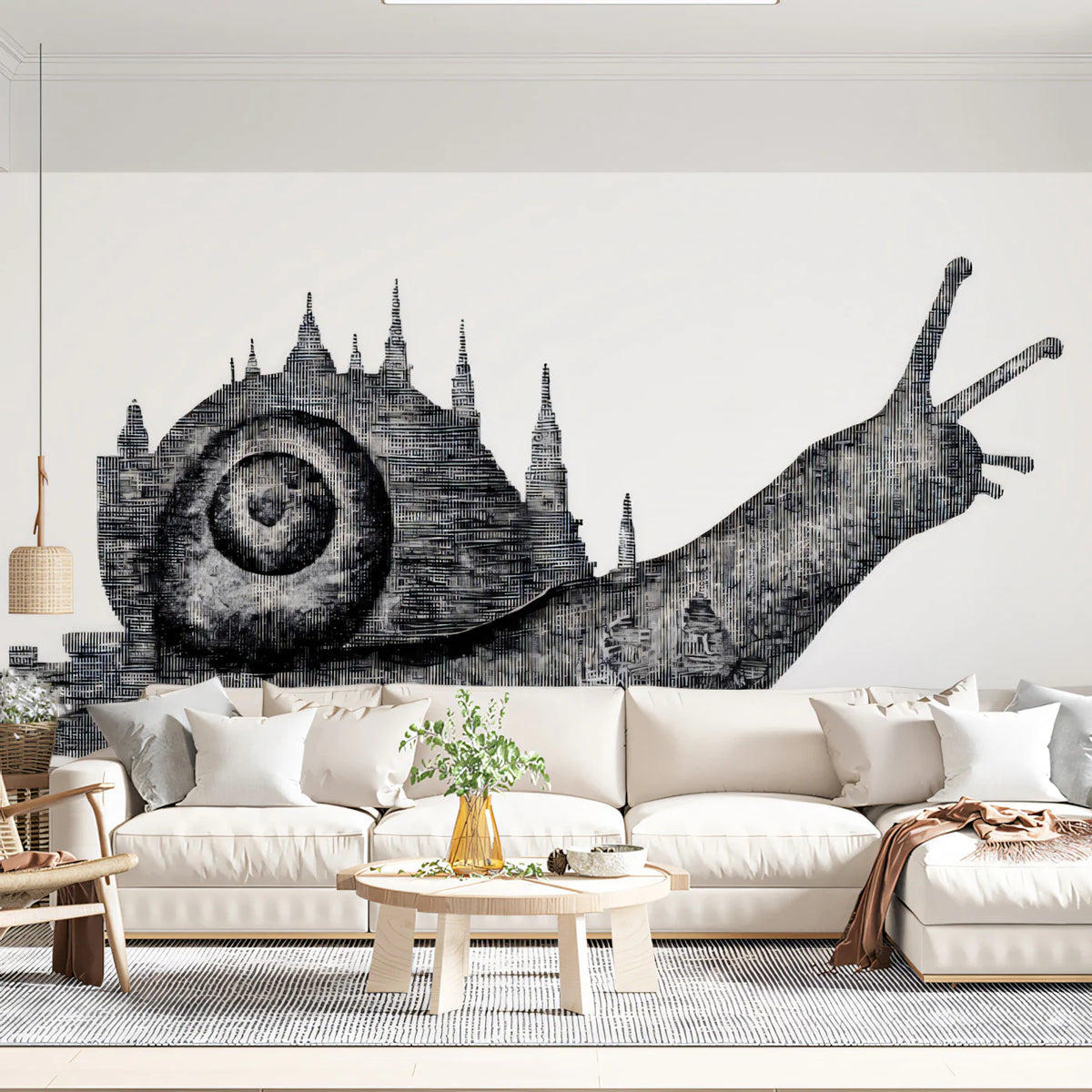 Snail City Silhouette Mural Wallpaper — Surreal Ink Illustration Mural Wallpaper - pure wallpaper artwork