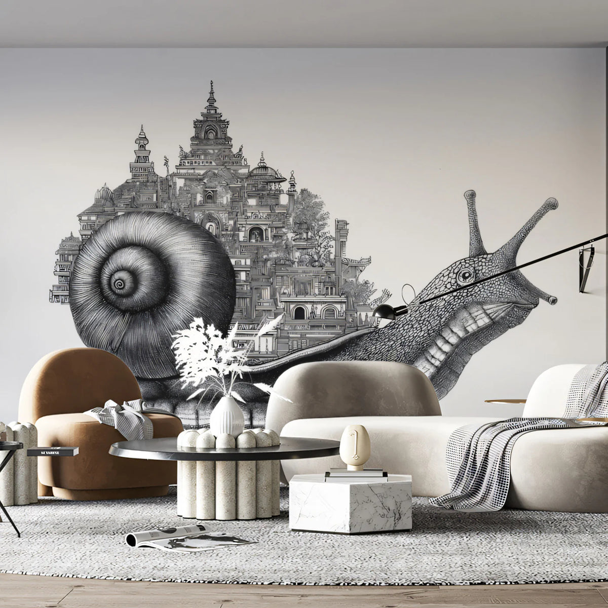 Snail with Architectural Shell Mural Wallpaper — Surrealist Line Art Mural Wallpaper - pure wallpaper artwork