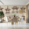East Asian Pavilion Sketch Mural Wallpaper — Architectural Ink Drawing Mural Wallpaper - pure wallpaper artwork