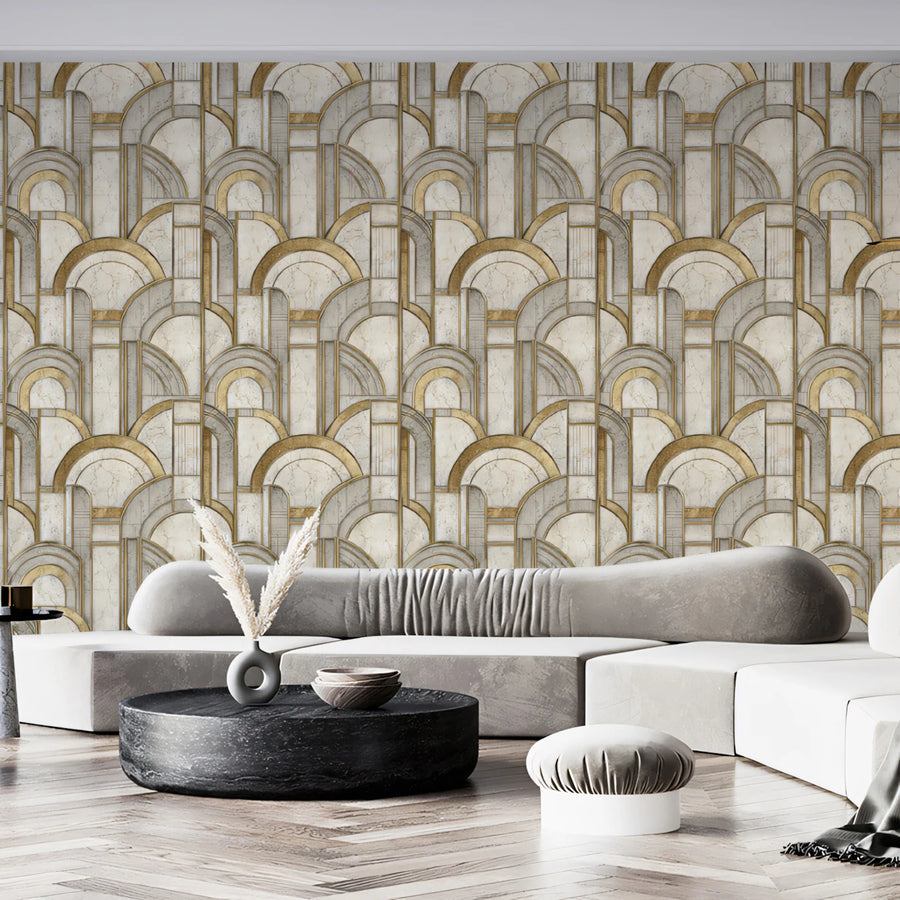 Art Deco Fan Arch Mural Wallpaper in Gold and Marble Mural Wallpaper