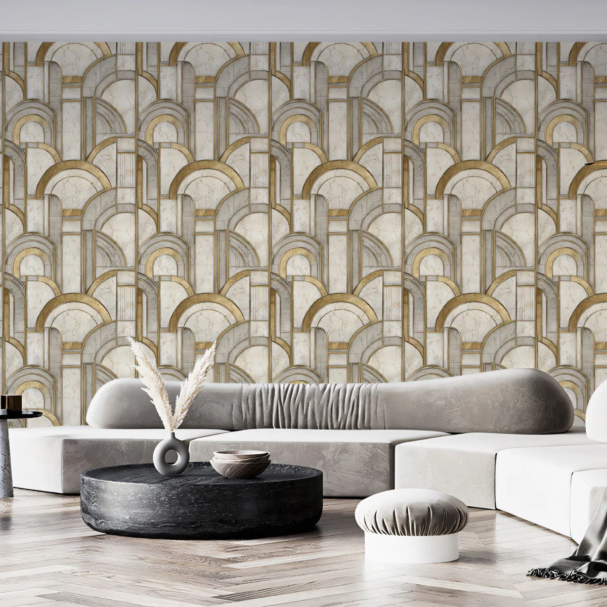 Art Deco Fan Arch Mural Wallpaper in Gold and Marble Mural Wallpaper - pure wallpaper artwork