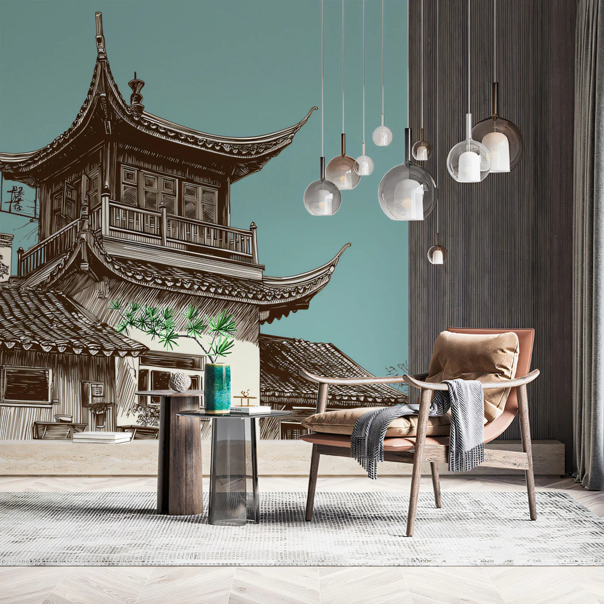 Chinese Architectural Pagoda Mural Wallpaper — Teal and Sepia Sketch Mural Wallpaper - pure wallpaper artwork
