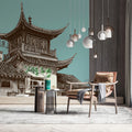 Chinese Architectural Pagoda Mural Wallpaper — Teal and Sepia Sketch Mural Wallpaper - pure wallpaper artwork