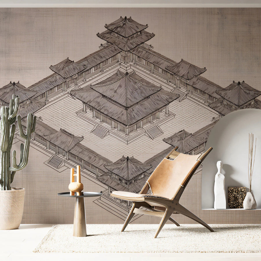 Asian Courtyard Architectural Blueprint Mural Wallpaper