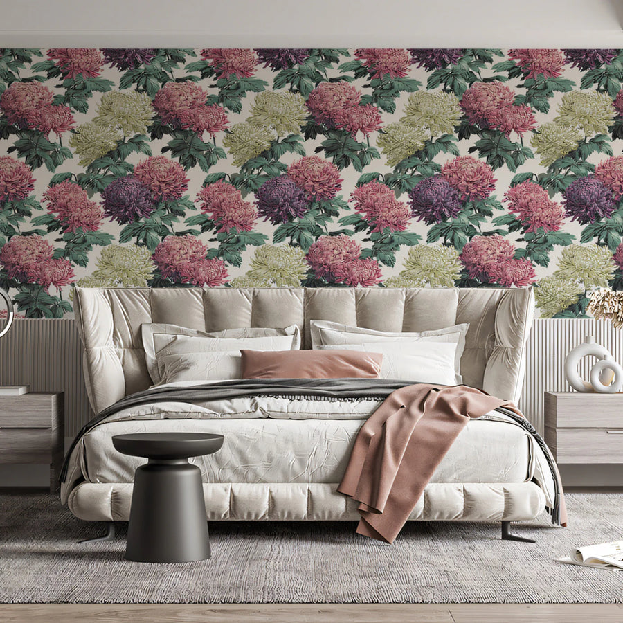 Vintage Chrysanthemum Floral Mural Wallpaper — Colorful Botanical Mural Wallpaper