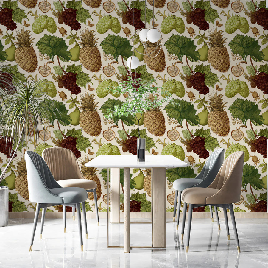 Vintage Botanical Fruit Mural Wallpaper — Engraved Orchard Design Mural Wallpaper