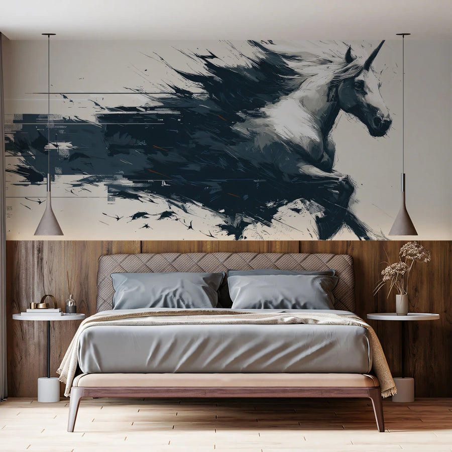Galloping Unicorn Ink Sketch Mural Wallpaper — High-Velocity Art Mural Wallpaper