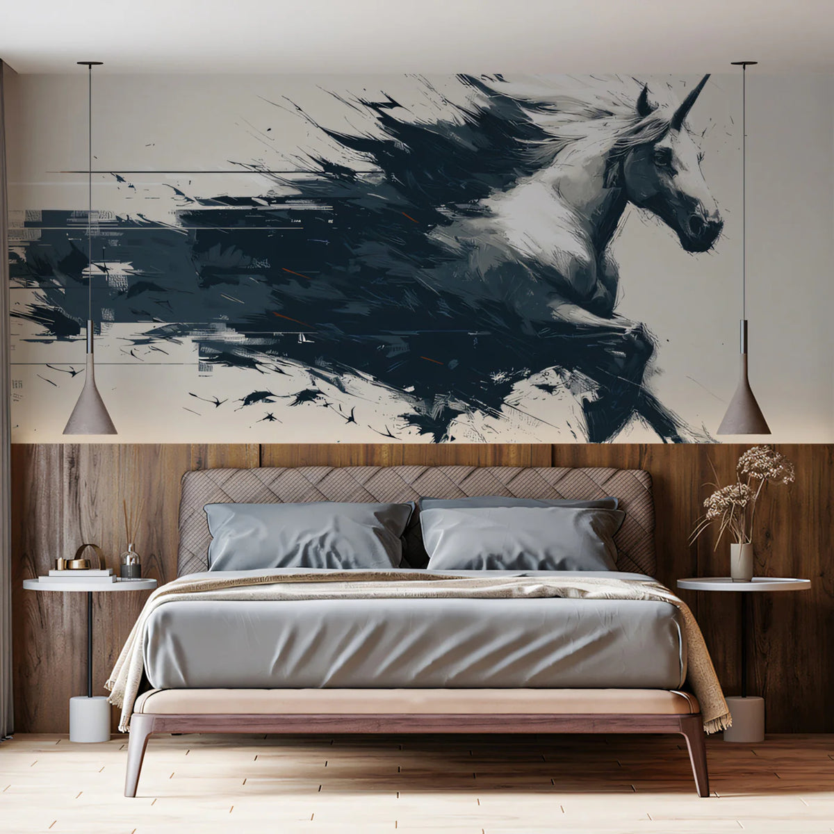 Galloping Unicorn Ink Sketch Mural Wallpaper — High-Velocity Art Mural Wallpaper - pure wallpaper artwork
