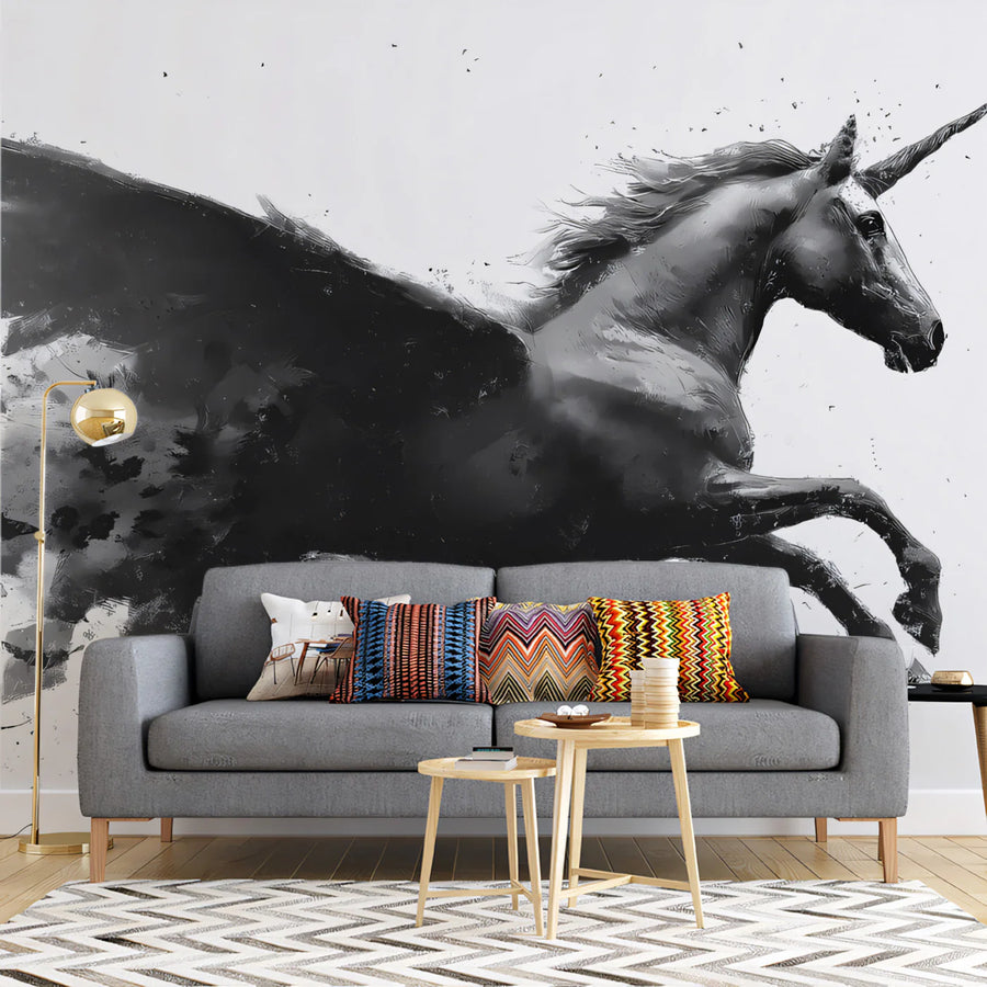 Winged Unicorn Ink Wash Mural Wallpaper — Gothic Fantasy Art Mural Wallpaper