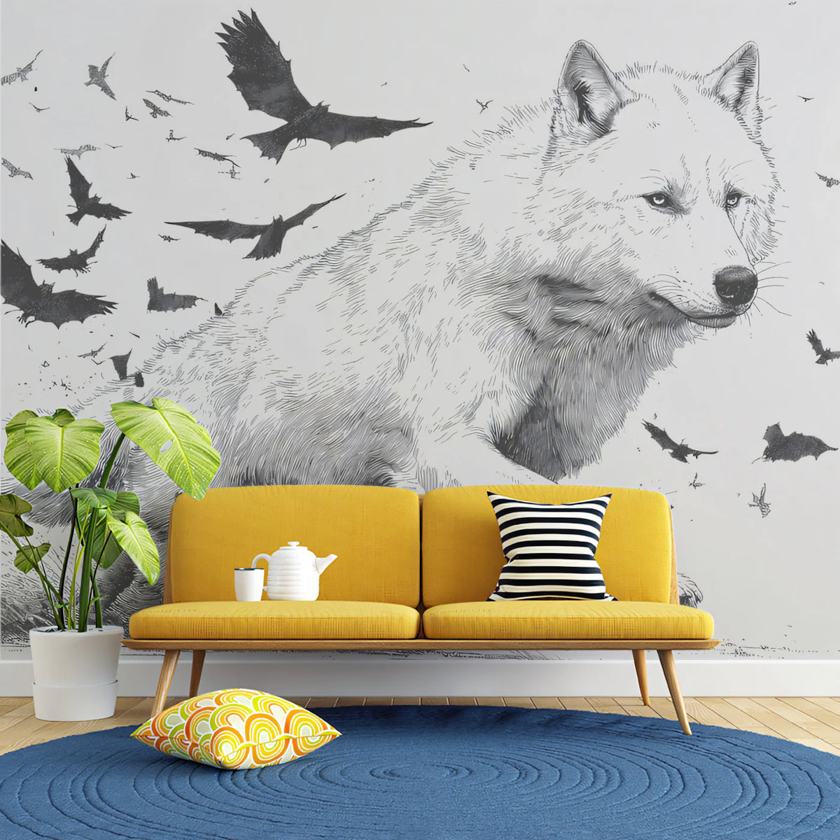 Running Wolf and Raven Swarm Ink Sketch Mural Wallpaper - pure wallpaper artwork