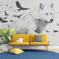 Running Wolf and Raven Swarm Ink Sketch Mural Wallpaper - pure wallpaper artwork
