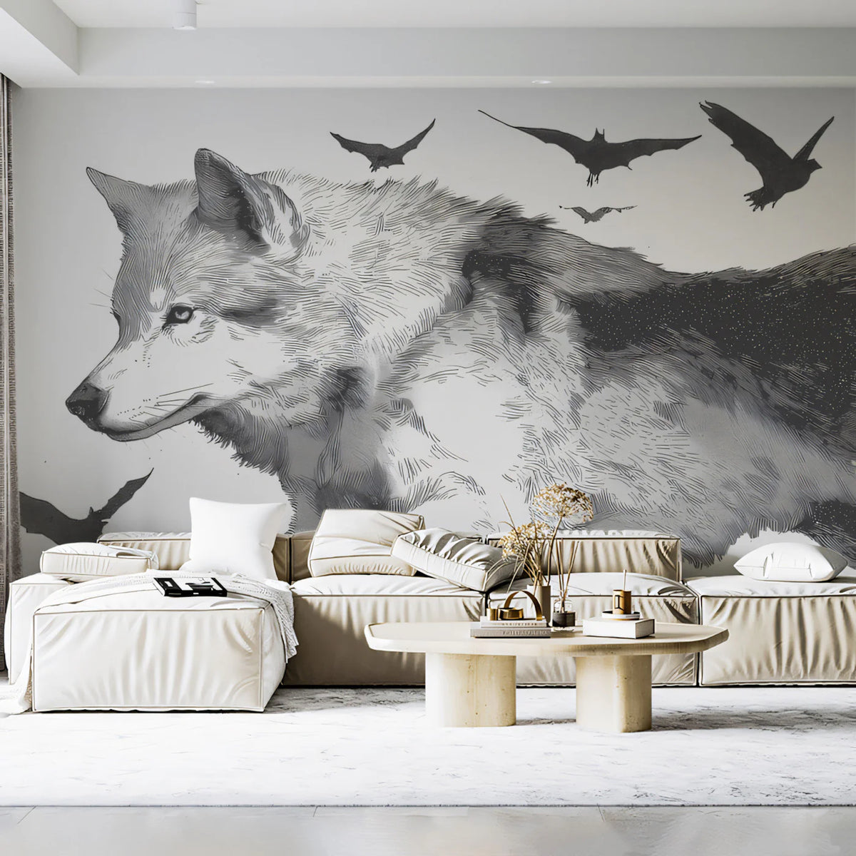 Running Wolf and Bat Swarm Mural Wallpaper — Engraving Style Mural Wallpaper - pure wallpaper artwork