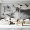 Running Wolf and Bat Swarm Mural Wallpaper — Engraving Style Mural Wallpaper - pure wallpaper artwork