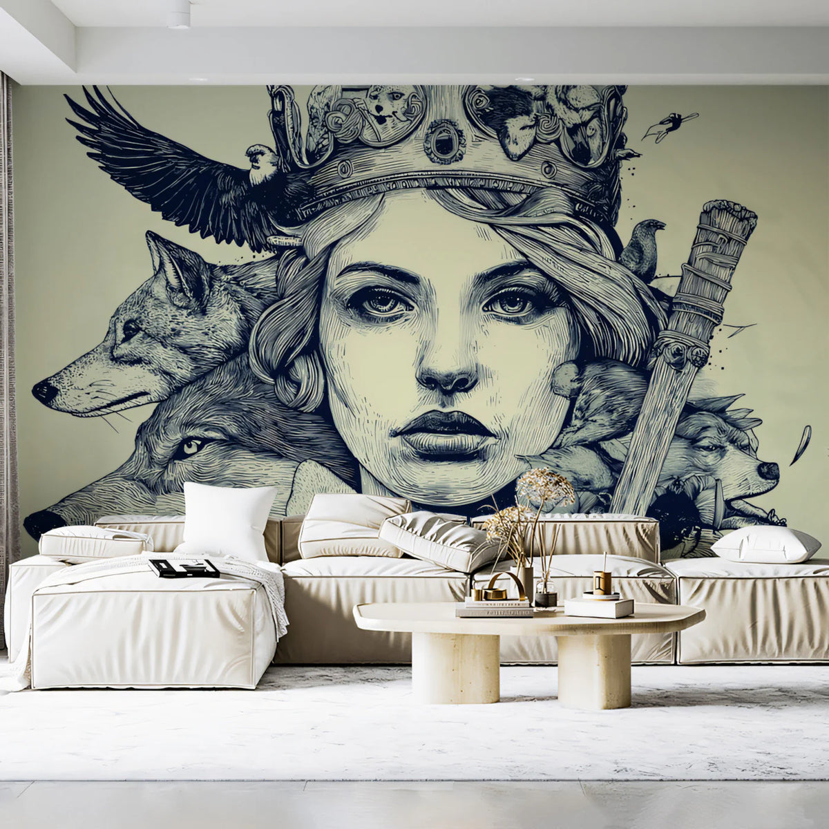 Queen of the Wild Mural Wallpaper — Intricate Monochrome Line Art Mural Wallpaper - pure wallpaper artwork