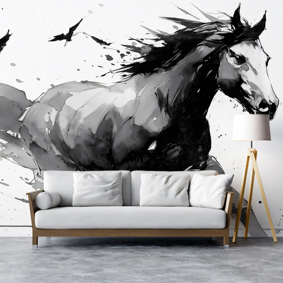 Galloping Horse Ink Sketch Mural Wallpaper — Artistic Monochrome Mural Wallpaper - pure wallpaper artwork