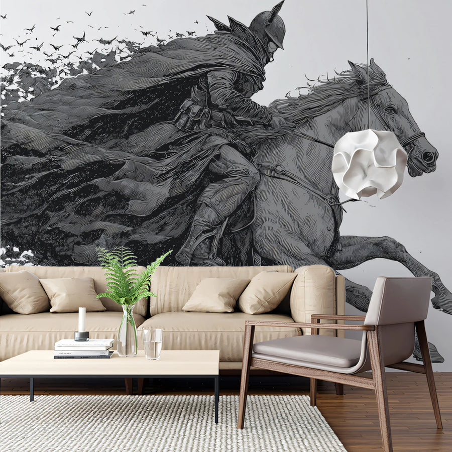 Knight and Bat Swarm Engraving Style Mural Wallpaper