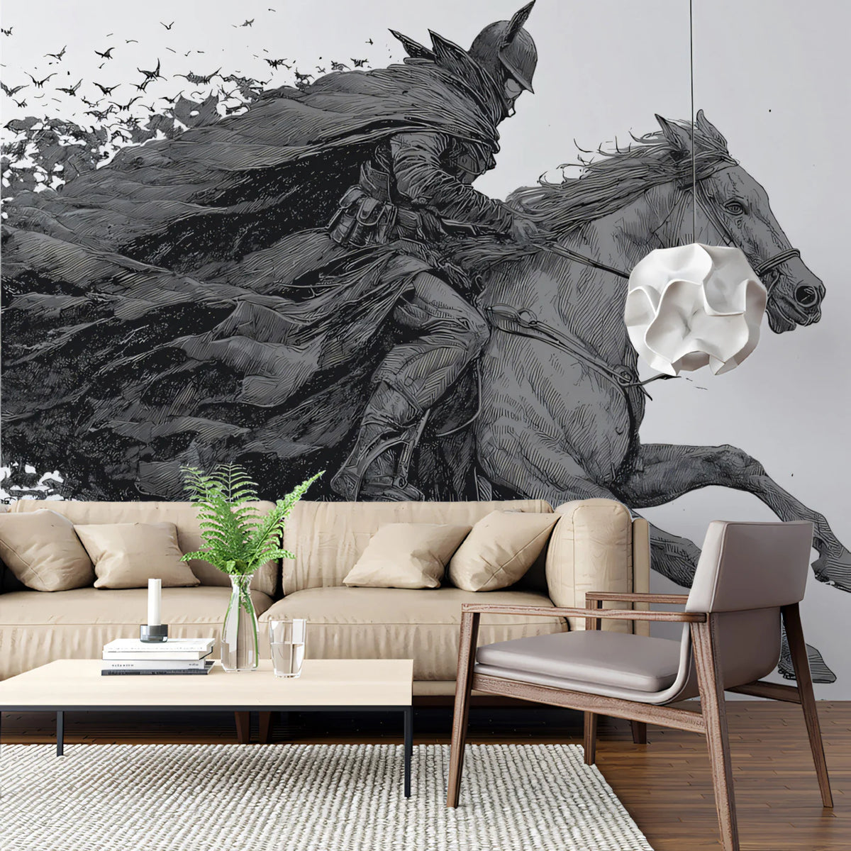 Knight and Bat Swarm Engraving Style Mural Wallpaper - pure wallpaper artwork