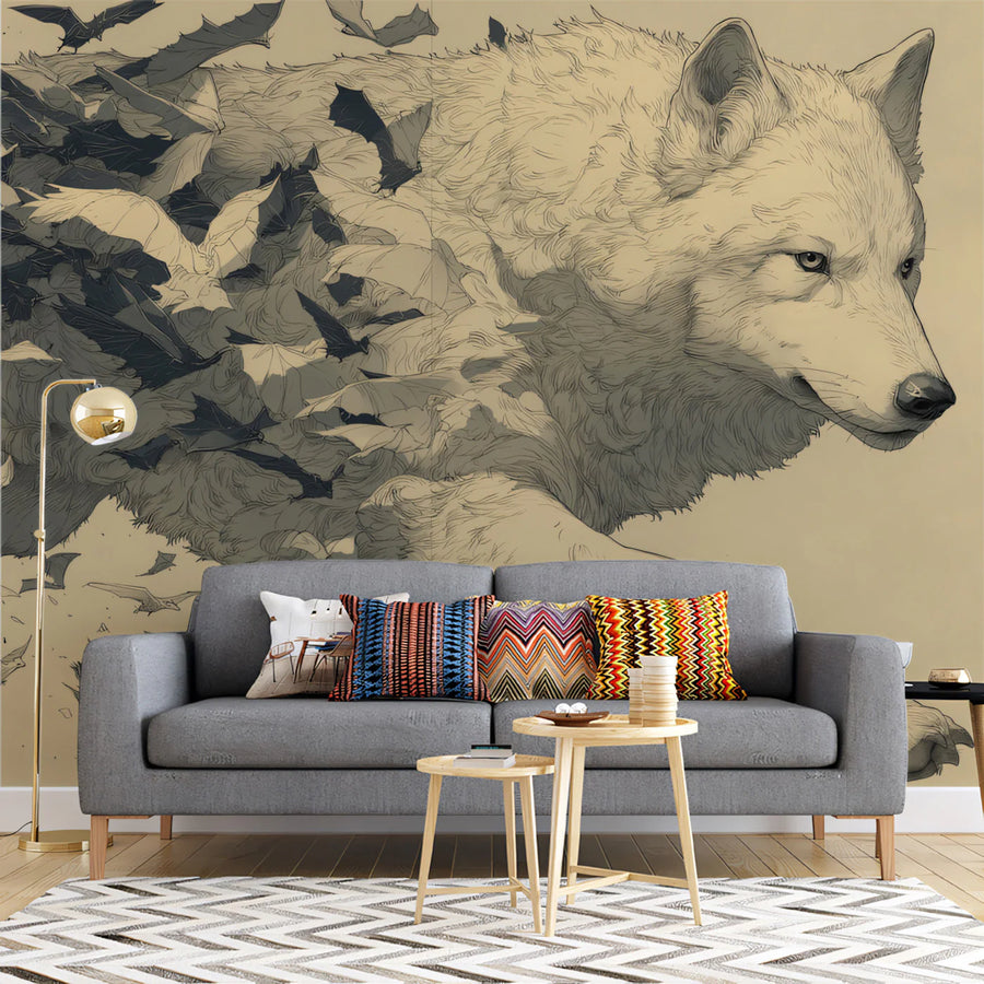 White Wolf Ink Illustration Mural Wallpaper — Dynamic Fantasy Scene Mural Wallpaper