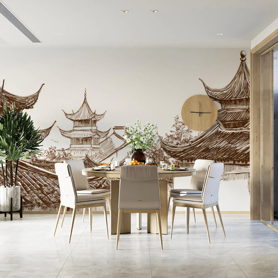 Traditional Chinese Roofscape Mural Wallpaper —Sepia Architectural Mural Wallpaper