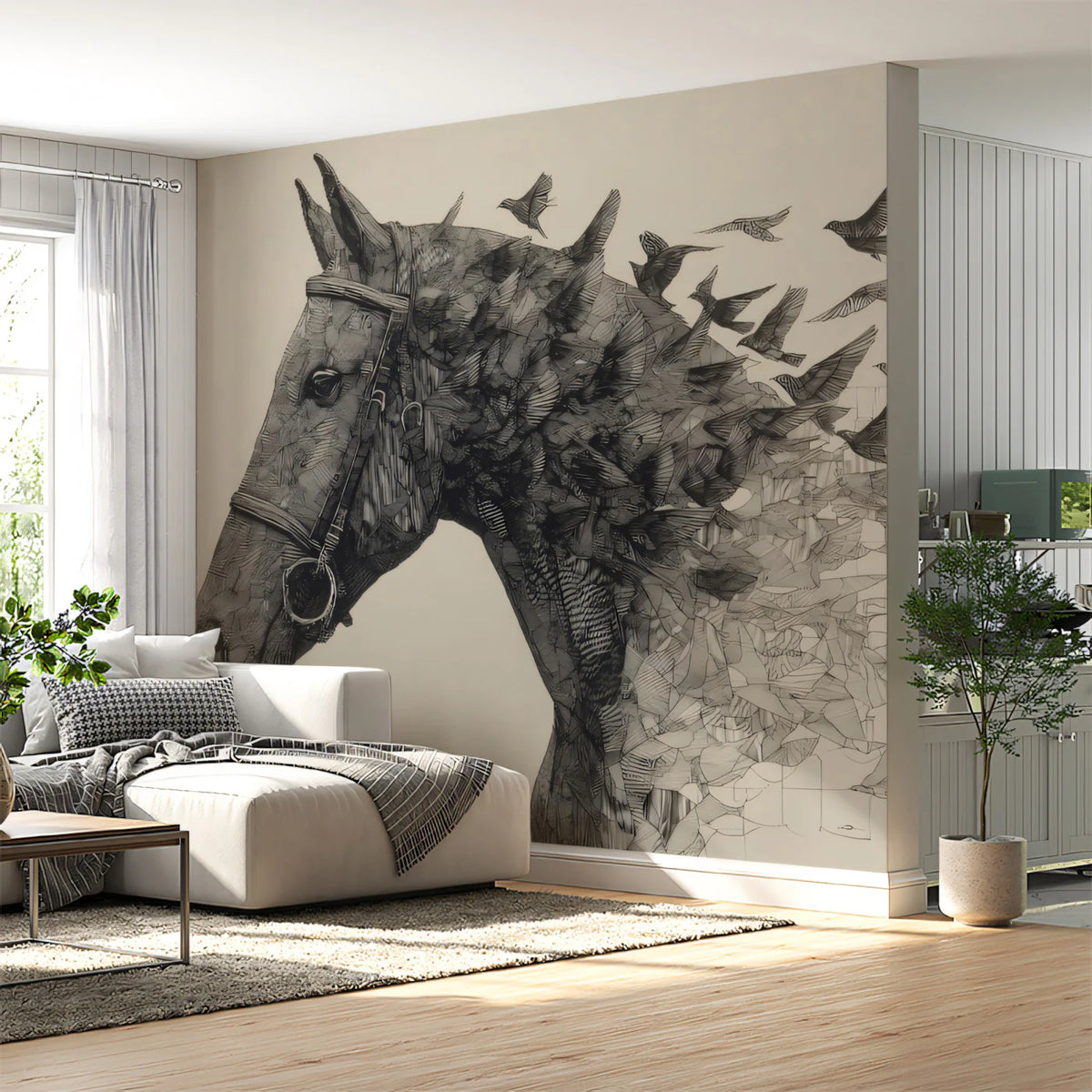 Bridled Horse and Swarm Mural Wallpaper — Artistic Ink Drawing Mural Wallpaper - pure wallpaper artwork