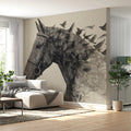 Bridled Horse and Swarm Mural Wallpaper — Artistic Ink Drawing Mural Wallpaper - pure wallpaper artwork