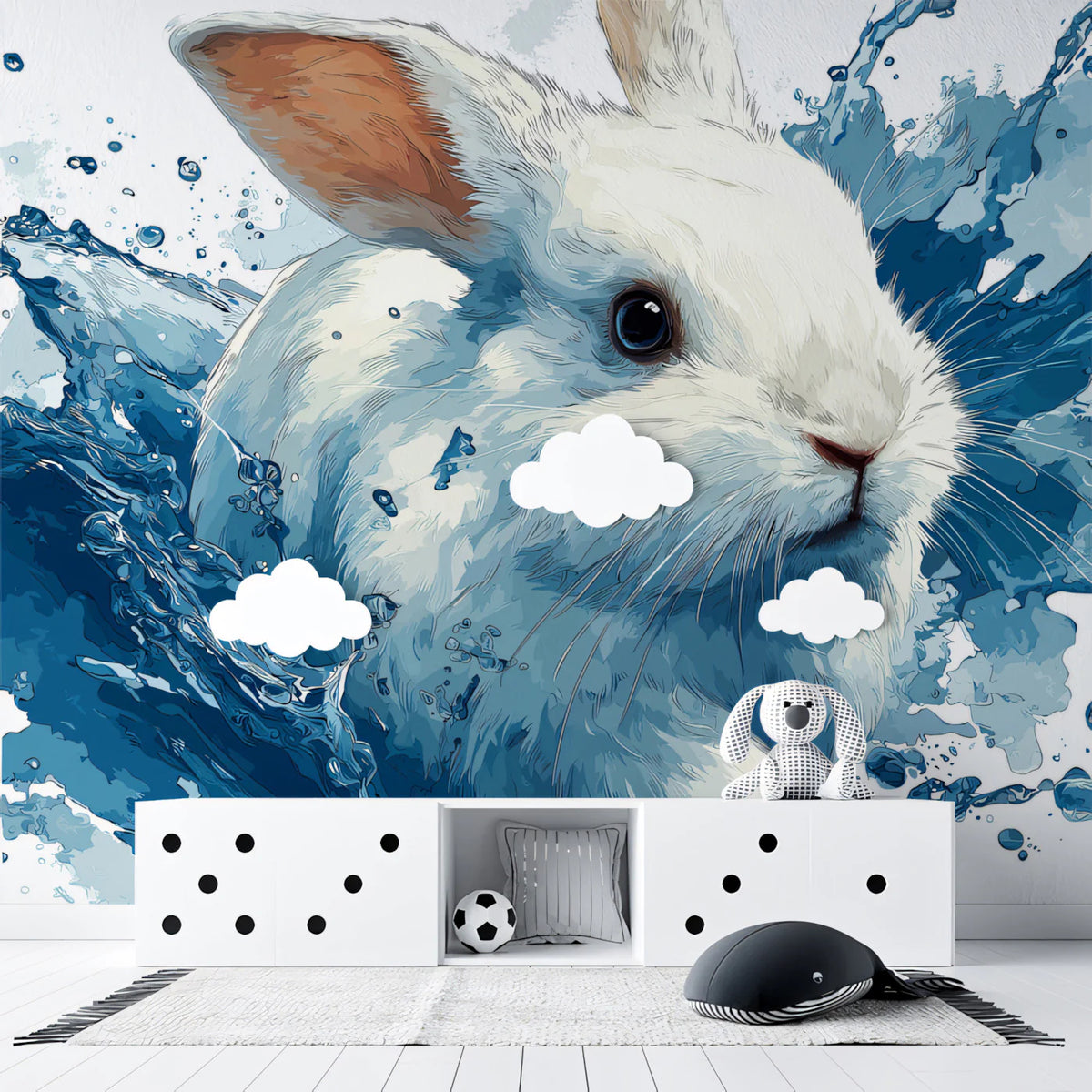 White Rabbit Water Splash Mural Wallpaper — Artistic Fluid Design Mural Wallpaper - pure wallpaper artwork