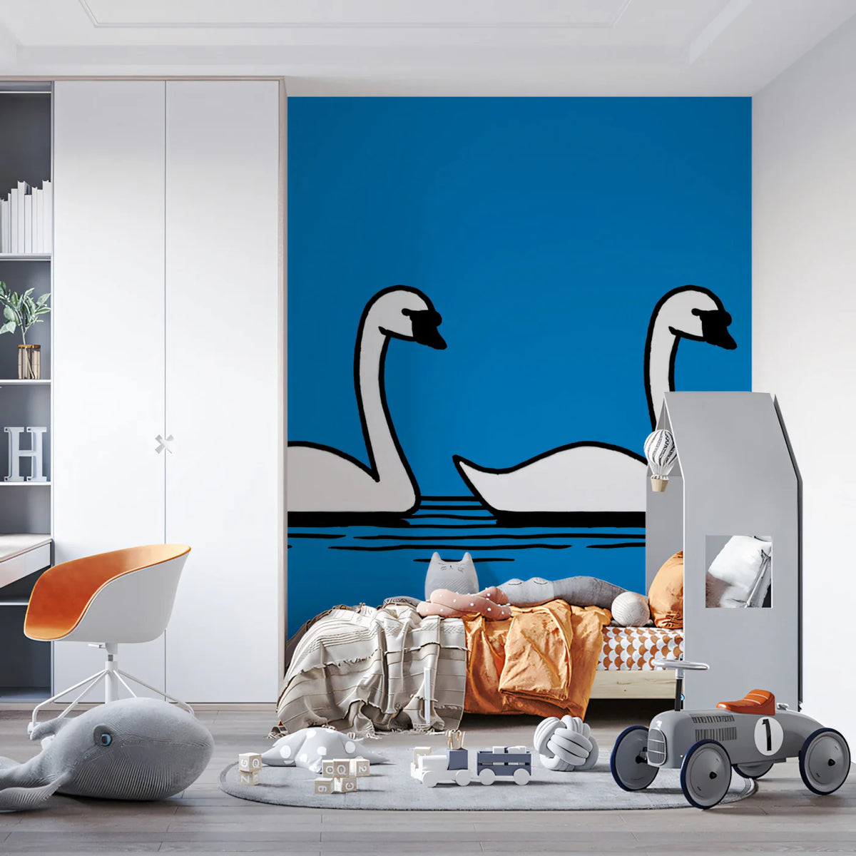 Swimming Swans Mural Wallpaper — Graphic Pop Art Style Mural Wallpaper - pure wallpaper artwork