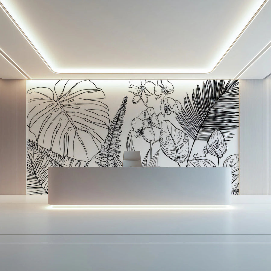 Minimalist Tropical Flora Mural Wallpaper — Clean Botanical Line Art Mural Wallpaper