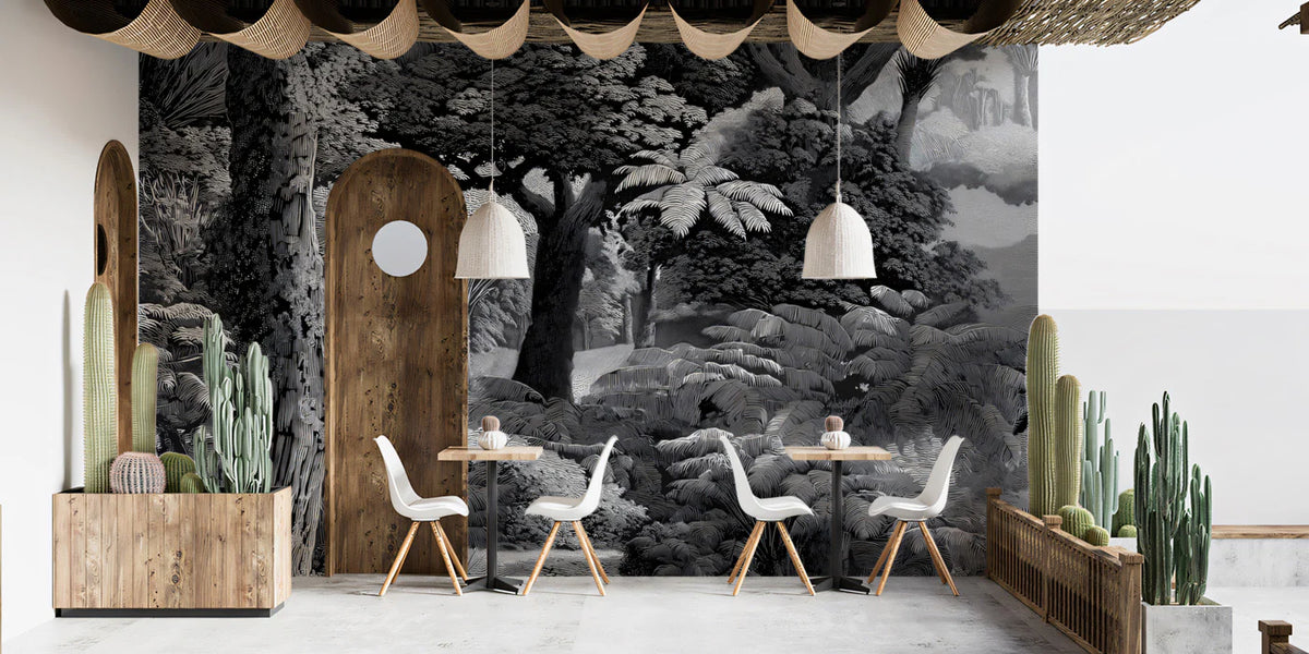 Primeval Fern Grove Mural Wallpaper — Dramatic Monochrome Etching Mural Wallpaper - pure wallpaper artwork