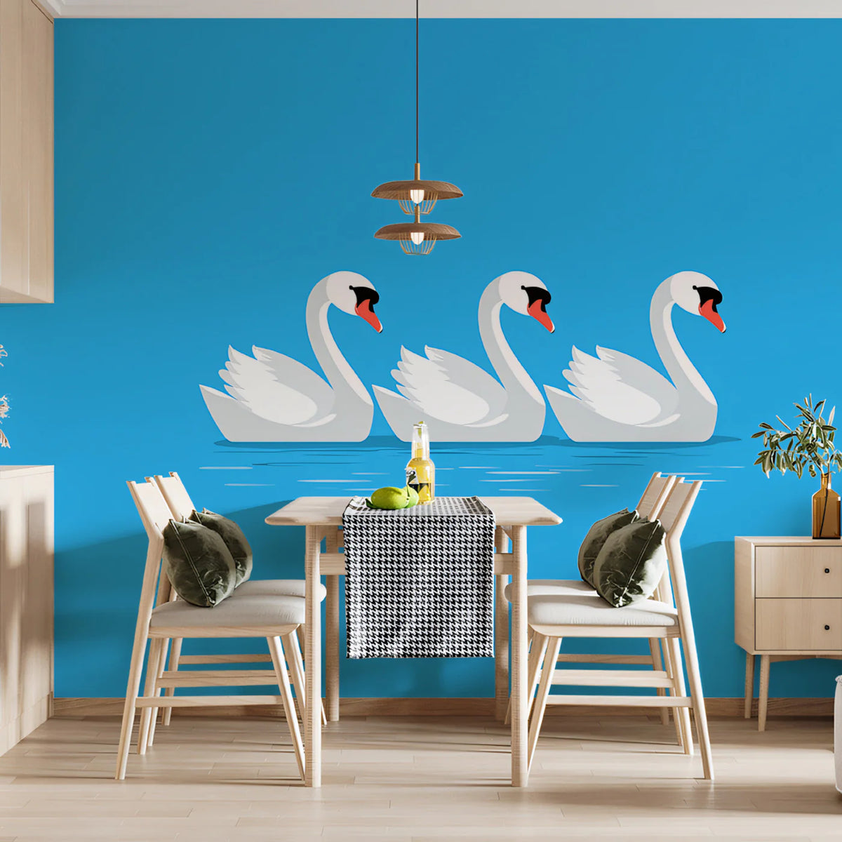 Minimalist Swan Trio Mural Wallpaper — Serene Blue Graphic Mural Wallpaper - pure wallpaper artwork