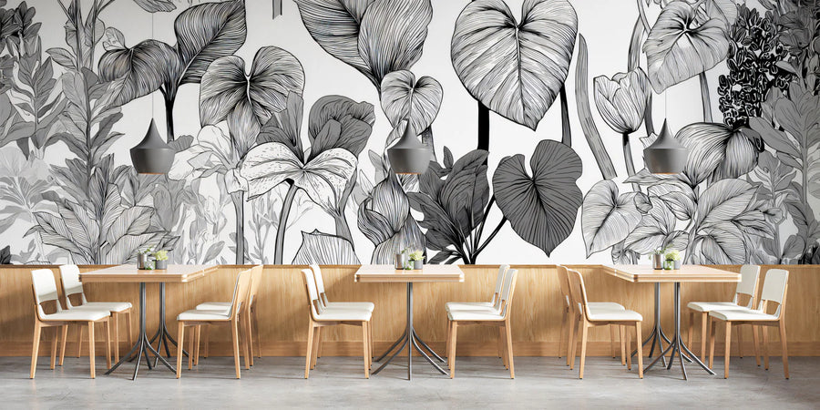 Botanical Sketch Mural Wallpaper — Monochrome Floral Line Art Mural Wallpaper