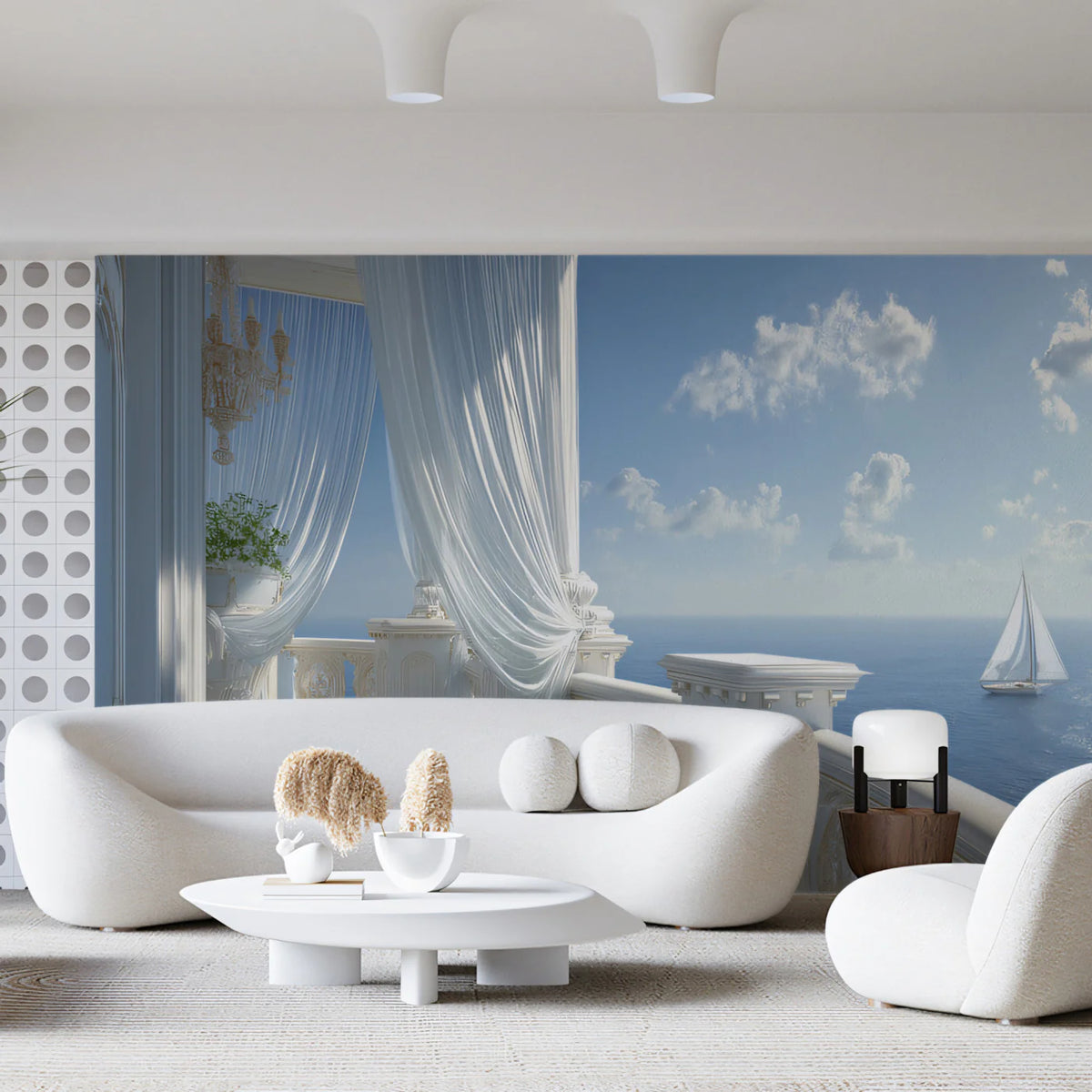 Mediterranean Balcony Chandelier Mural Wallpaper — Coastal Elegance Mural Wallpaper - pure wallpaper artwork