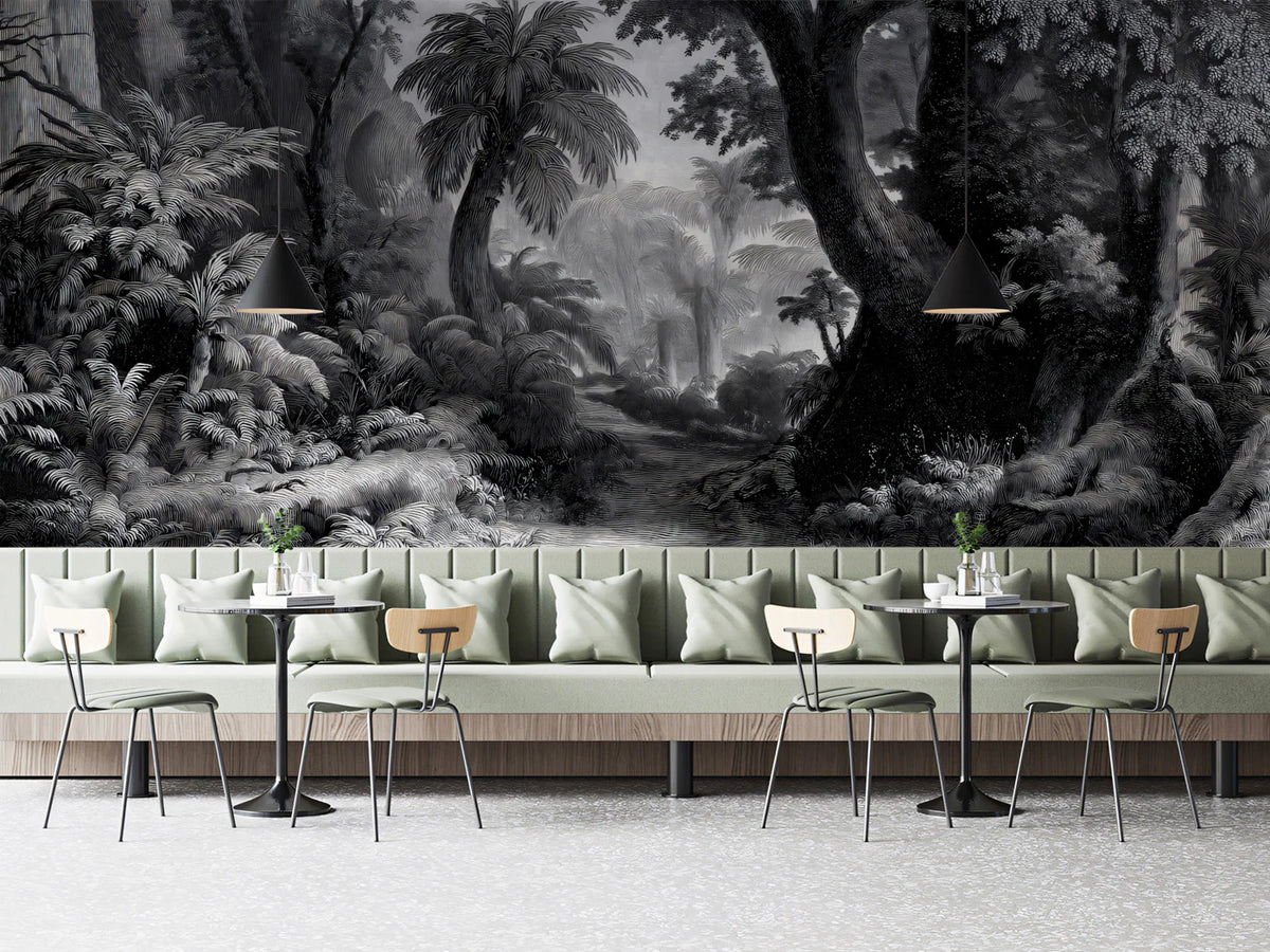 Vintage Jungle Engraving Mural Wallpaper — Architectural Monochrome Mural Wallpaper - pure wallpaper artwork
